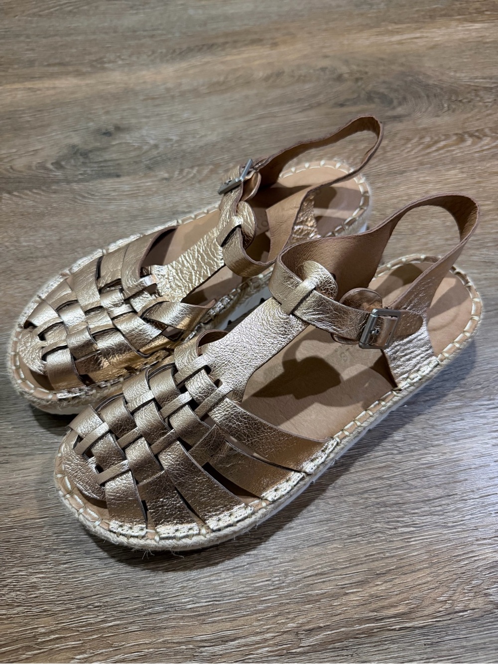 Gentle Souls Lizzy Eva Basket T-Strap Leather Espadrille Sandals 9.5 Rose Gold